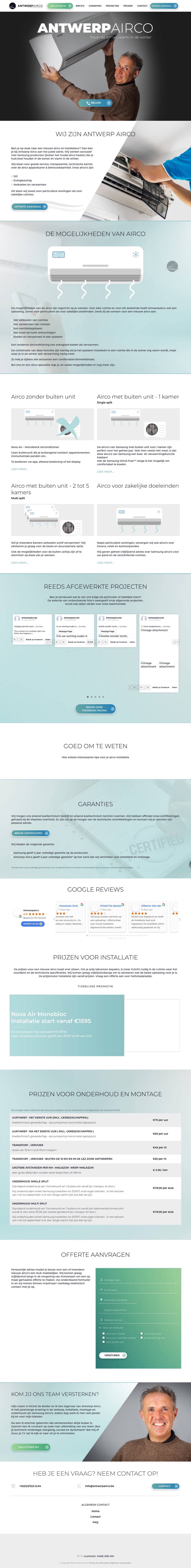 Screenshot van de volledige huidige homepage van antwerpairco.be